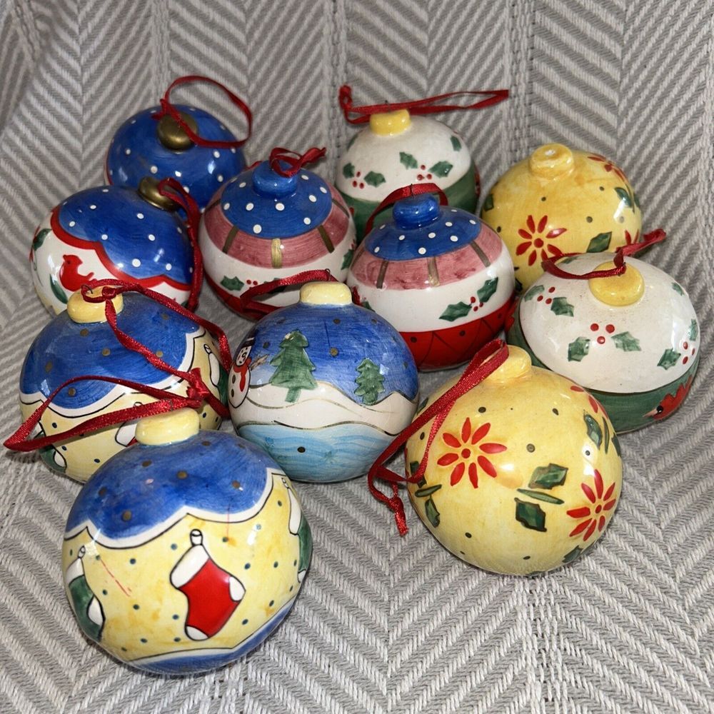 Ceramic Christmas Ornament Bauble Lot 11 Heavy Colorful Decorations Vintage‎ B4